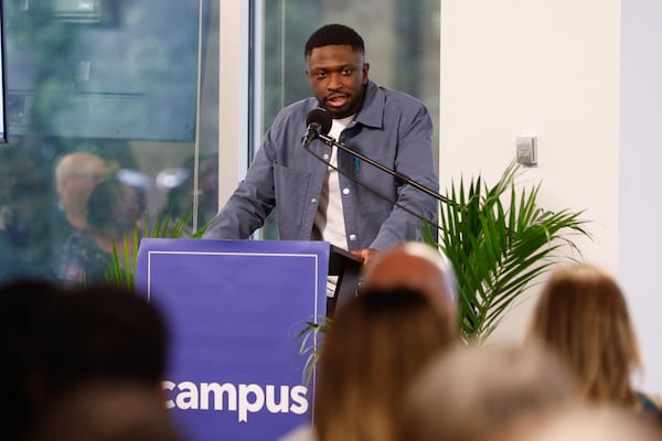 Campus founder and chancellor Tade Oyerinde speaks during the grand opening of the Campus hub in Atlanta on Tuesday, May 6, 2025. Campus will deliver online classes taught by professors from various universities. (Natrice Miller/AJC)