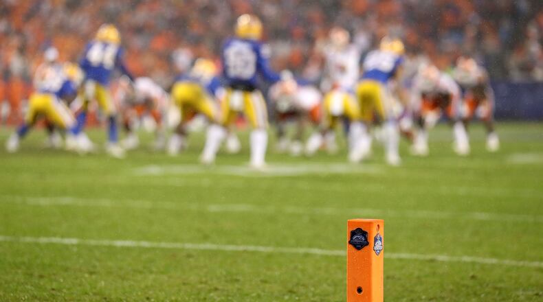 A detailed view of a pylon during the game between the Clemson Tigers and Pittsburgh Panthers Dec. 1, 2018, at Bank of America Stadium in Charlotte, N.C.