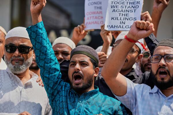 Muslims shout slogans after Friday prayers during a protest against the killing of tourists by militants near Pahalgam in Indian controlled Kashmir, in Guwahati, India, Friday, April 25, 2025. (AP Photo/Anupam Nath)
