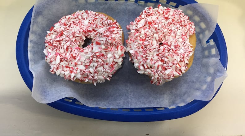 Sublime Doughnut’s yeast doughnut is smeared with white frosting and encrusted with crushed peppermint. (Elizabeth Lenhard)