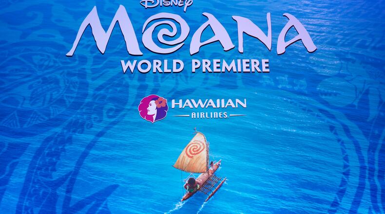 HOLLYWOOD, CA - NOVEMBER 14: A view of the signage is seen at the Hawaiian Airlines booth at the world premiere of Disney's 'Moana' at the El Capitan Theatre on November 14, 2016 in Hollywood, California. (Photo by Rich Polk/Getty Images for Hawaiian Airlines)