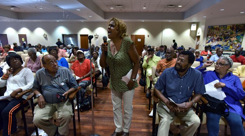 June 13, 2017 Atlanta - Fulton County resident Dorothy Hart expresses her concern during Emergency Town Hall Meeting to discuss about Property Tax Assessments hosted by Fulton County Office of Chairman John Eaves at Harriett G. Darnell Senior Multipurpose Facility on Tuesday, June 13, 2017. HYOSUB SHIN / HSHIN@AJC.COM