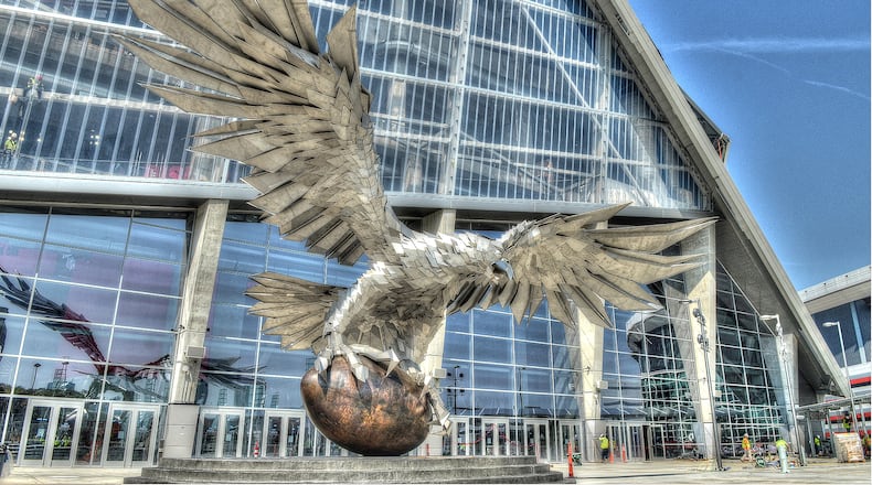 Art at the Mercedes-Benz Stadium include the Falcon sculpture in the main plaza. (Chris Hunt/Special)