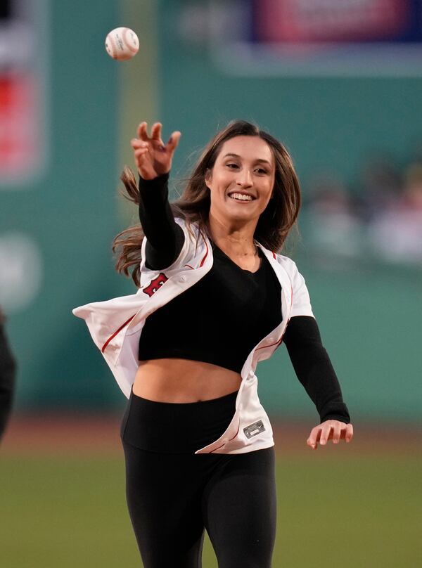 FILE - MIT women's soccer graduate student Karenna Groff throws a ball prior to a baseball game at Fenway Park, Monday, April 3, 2023, in Boston. (AP Photo/Charles Krupa, File)