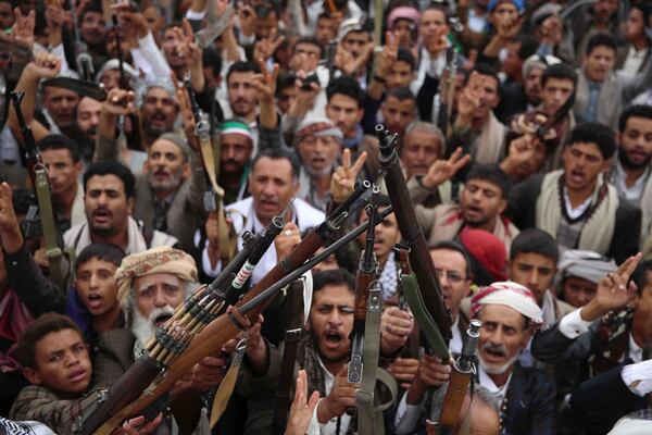 FILE - Houthi supporters shout slogans during a weekly, anti-U.S. and anti-Israel rally in Sanaa, Yemen, Friday, July 4, 2025. (AP Photo/Osamah Abdulrahman, File)
