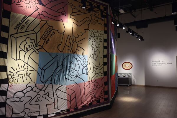 The exhibit features blocks from the AIDS Memorial Quilt, including one that's an homage to the art of Keith Haring, who died of AIDS-related complications in 1990. Photo: Morgan Wiley