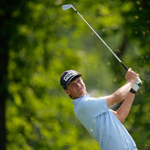 Mason Howell tees off on the 13th hole during the first round of the U.S. Open golf tournament at Oakmont Country Club Thursday, June 12, 2025, in Oakmont, Pa. (AP Photo/Carolyn Kaster)