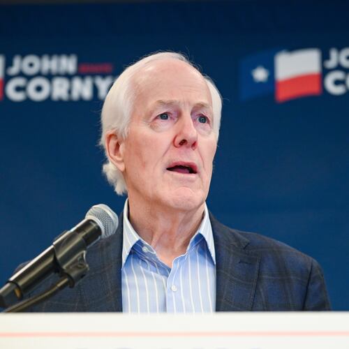 Sen. John Cornyn, R-Texas, speaks to the media Tuesday, March 3, 2026, in Austin, Texas. (AP Photo/Jack Myer)