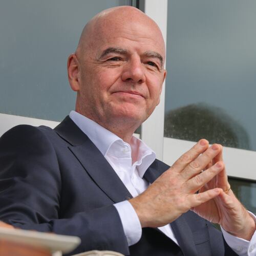 FIFA President Gianni Infantino follows a friendly soccer match between Iran and Costa Rica, in Antalya, southern Turkey, Tuesday, March 31, 2026. (AP Photo/Riza Ozel)