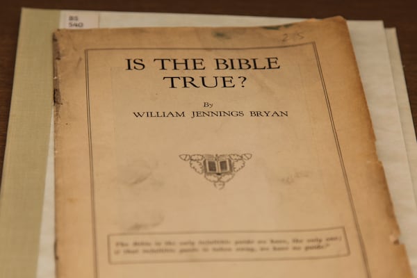 A manuscript titled "Is the Bible True" authored by William Jennings Bryan is seen at the Tennessee State Library and Archives in Nashville, Tenn., on Monday, March 3, 2025. (AP Photo/Kristin M. Hall)