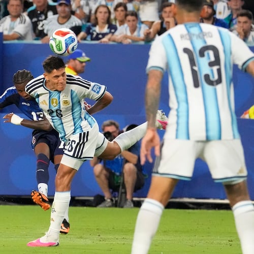 Cape Verde's Sidny Lopes Cabral (13) shoots and scores a goal past Argentina's Nahuel Molina (26) during the World Cup round of 32 soccer match between Argentina and Cape Verde in Miami Gardens, Fla., Friday, July 3, 2026. (AP Photo/Chris Carlson)