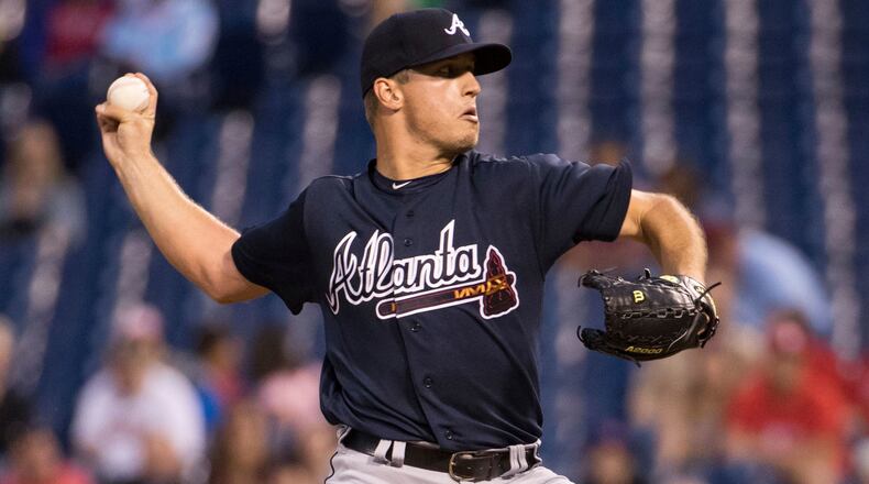 Atlanta Braves starting pitcher Lucas Sims throws a pitch during the second inning of a baseball game against the Philadelphia Phillies, Monday, Aug. 28, 2017, in Philadelphia. (AP Photo/Chris Szagola)