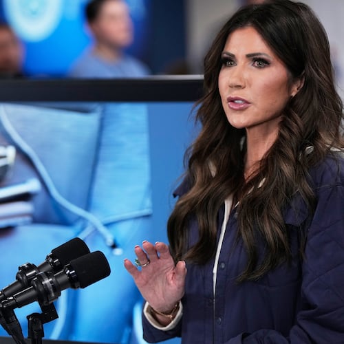Homeland Security Secretary Kristi Noem speaks during a news conference at Federal Emergency Management Agency headquarters, Saturday, Jan. 24, 2026, in Washington. (Julia Demaree Nikhinson/AP)