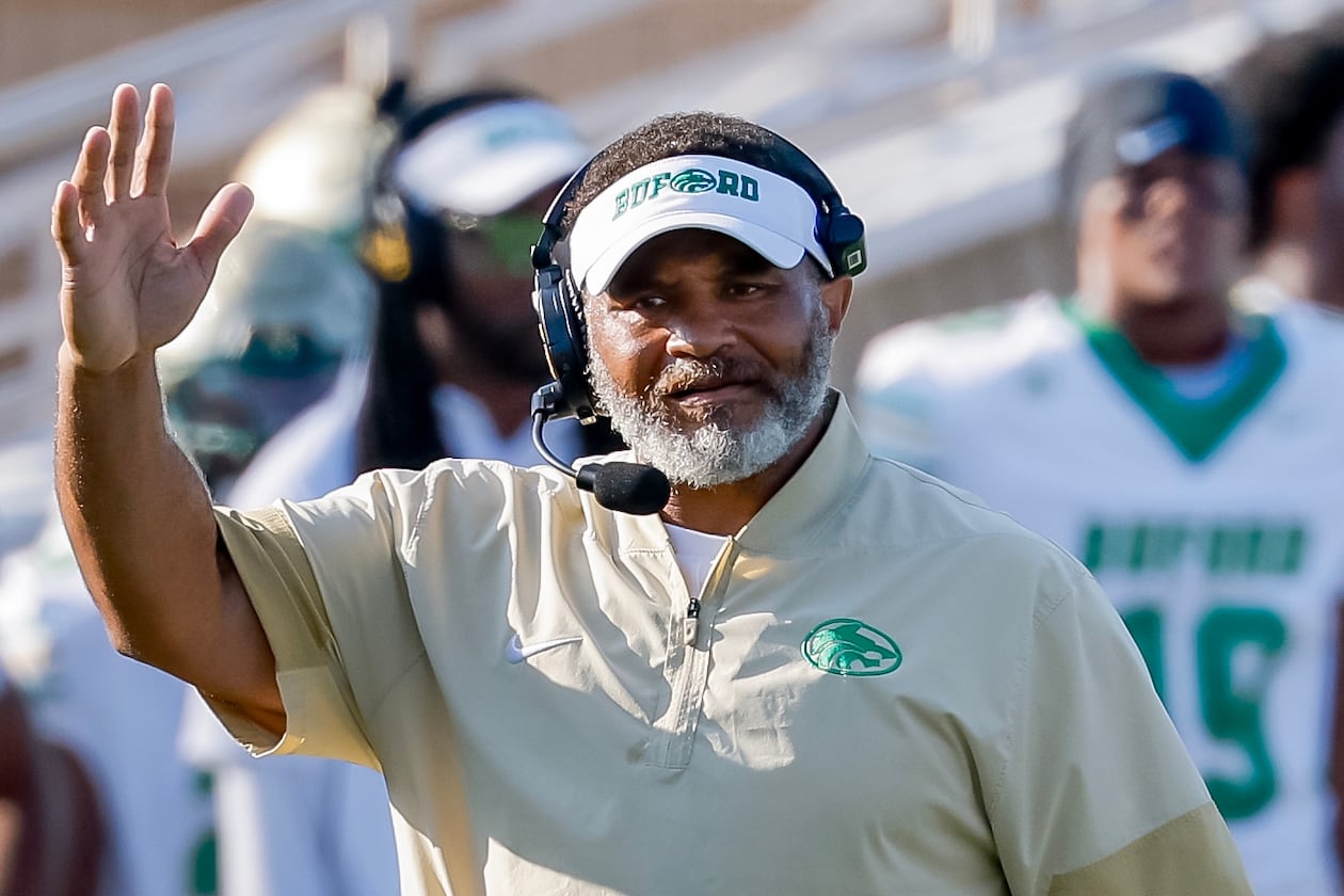 Buford coach Bryant Appling reacts during the first half of his team's opening game against Gainesville. Buford won the game 38-19, but the victory might not have the value in the GHSA's PSR rankings that it should. Gainesville, a top-10 team in Class 6A, is 0-2 - with two losses against top-50 national programs. (Erik S. Lesser for the AJC)