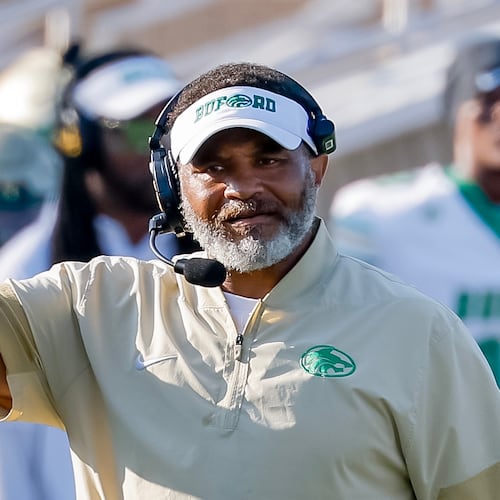 Buford coach Bryant Appling reacts during the first half of his team's opening game against Gainesville. Buford won the game 38-19, but the victory might not have the value in the GHSA's PSR rankings that it should. Gainesville, a top-10 team in Class 6A, is 0-2 - with two losses against top-50 national programs. (Erik S. Lesser for the AJC)
