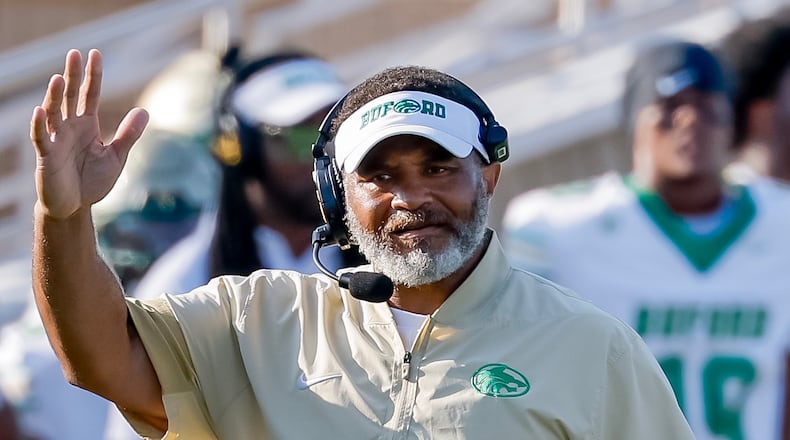 Buford coach Bryant Appling reacts during the first half of his team's opening game against Gainesville. Buford won the game 38-19, but the victory might not have the value in the GHSA's PSR rankings that it should. Gainesville, a top-10 team in Class 6A, is 0-2 - with two losses against top-50 national programs. (Erik S. Lesser for the AJC)