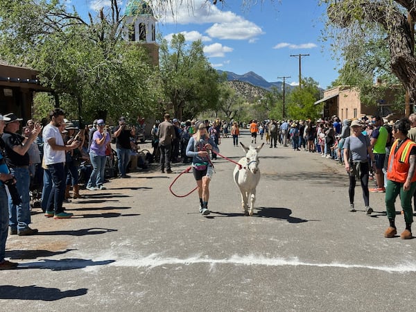 Pack burros and their human companions race through the streets of a former mining town and across backcountry desert trails in Cerrillos, N.M., on Saturday, May 3, 2025. (AP Photo/Morgan Lee)