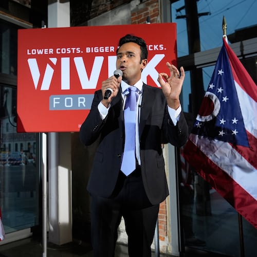 Republican Ohio gubernatorial candidate Vivek speaks during a watch party at the Spruce St. Sporting sports bar after winning the party's nomination for governor Tuesday, May 5, 2026, in Columbus. (AP Photo/Carolyn Kaster)