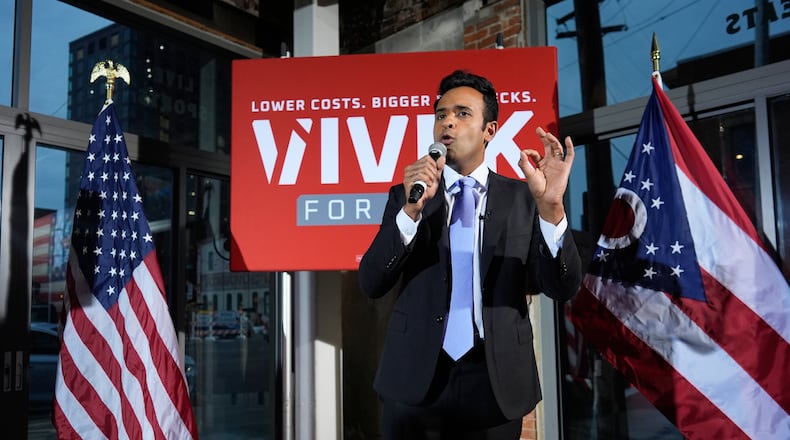 Republican Ohio gubernatorial candidate Vivek speaks during a watch party at the Spruce St. Sporting sports bar after winning the party's nomination for governor Tuesday, May 5, 2026, in Columbus. (AP Photo/Carolyn Kaster)