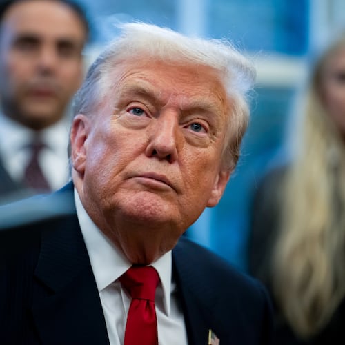 US President Donald Trump during a swearing-in ceremony in the Oval Office of the White House in Washington, DC, US, on Monday, Nov. 10, 2025. Sergio Gor is being sworn in as ambassador to India at a time when tensions between the two countries are running high. Photographer: Craig Hudson/Politico/Bloomberg via Getty Images