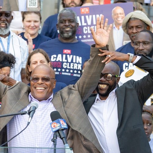 FILE - Calvin Duncan, center, stands with supporters on the steps of Orleans Parish Criminal Court to speak about his ambitions to be the next Clerk of Court, Oct. 2, 2025. (Chris Granger/The Times-Picayune/The New Orleans Advocate via AP, File)
