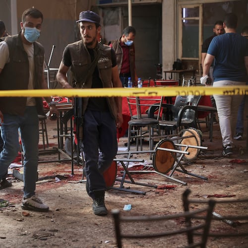 Syrian security inspects the site after an explosive device was detonated in a cafe near the main courthouse complex, in Damascus, Syria, Thursday, July 2, 2026 (AP Photo/Ghaith Alsayed)