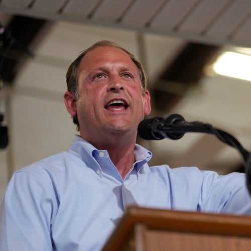 FILE - Rep. Andy Barr, R-Ky., speaks at the annual Fancy Farm picnic Aug. 2, 2025, in Fancy Farm, Ky. (AP Photo/Mark Humphrey, File)