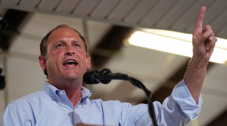 FILE - Rep. Andy Barr, R-Ky., speaks at the annual Fancy Farm picnic Aug. 2, 2025, in Fancy Farm, Ky. (AP Photo/Mark Humphrey, File)