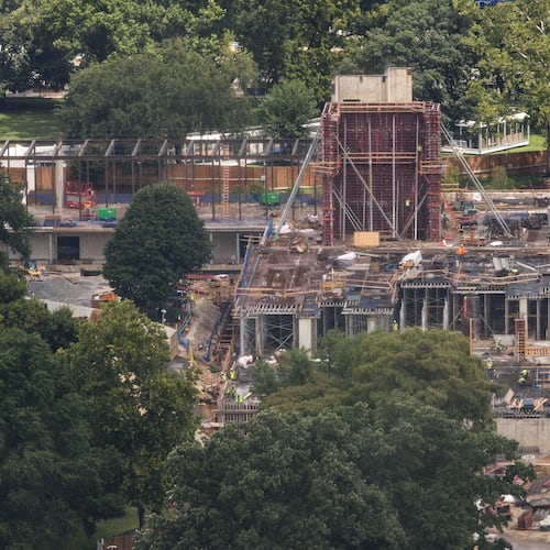 White House Ballroom construction continues Wednesday, Aug. 5, 2026, at the White House in Washington. (AP Photo/Tierney L. Cross)