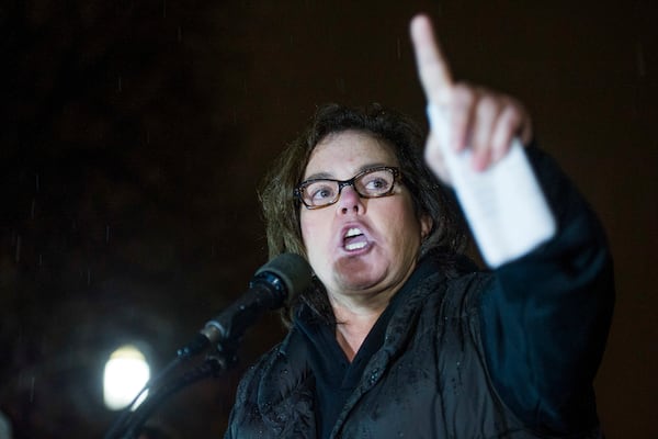 FILE - Rosie O'Donnell speaks at a rally calling for resistance to President Donald Trump, in Lafayette Park in front of the White House in Washington, Feb. 28, 2017. (AP Photo/Cliff Owen, File)