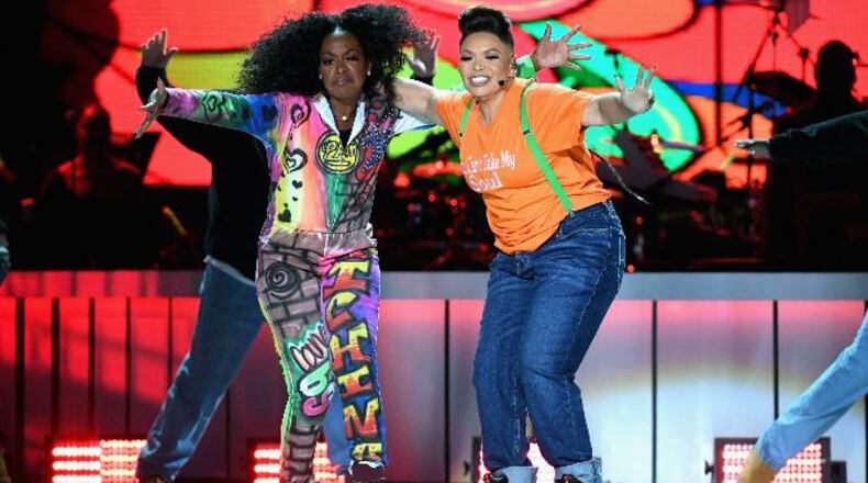 Tichina Arnold (left) and Tisha Campbell perform onstage during the 2018 Soul Train Awards, presented by BET, at the Orleans Arena on Nov. 17, 2018, in Las Vegas.