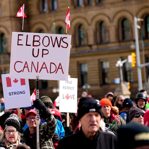 FILE - People rally in response to U.S. President Donald Trump's threats to Canadian sovereignty on Parliament Hill in Ottawa, March 9, 2025. (Justin Tang/The Canadian Press via AP File)