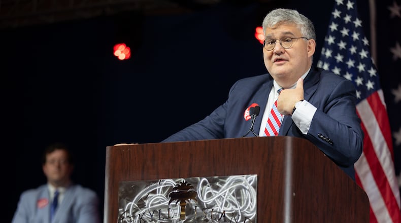 Chairman David Shafer speaks before his election at the Georgia GOP State Convention in Jekyll Island, Georgia on June 5th, 2021. Nathan Posner for the Atlanta-Journal-Constitution