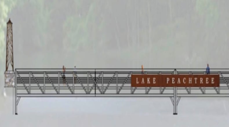 The new bridge next to the Lake Peachtree spillway will include a lighted sign and decorative columns. Courtesy Peachtree City