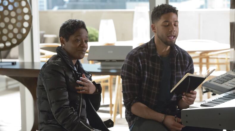 Rapper-actress Bre Z (left), plays Freda Gatz, and appears alongside actor Jussie Smollett (Jamal) in a scene from Fox’s “Empire.” Chuck Hodes/FOX
