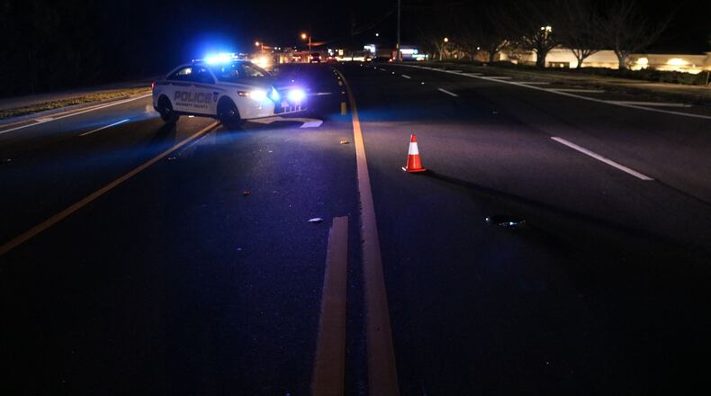The motorcyclist died at a hospital Sunday after he was hit Saturday night while traveling east on Braselton Highway, according to police.