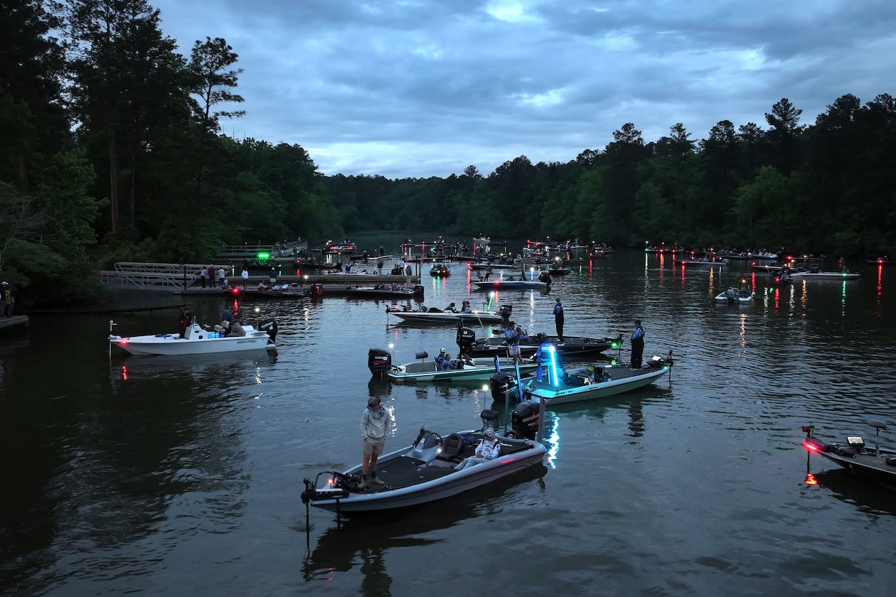Contestants wait on the Lake Sinclair for the start of the GHSA State Bass Fishing Championship at Dennis Station Boat Ramp on Saturday, May 9, 2026, in Eatonton. The 2026 GHSA Bass Fishing State Championship at Lake Sinclair features a field of 113 boats. (Hyosub Shin/AJC)