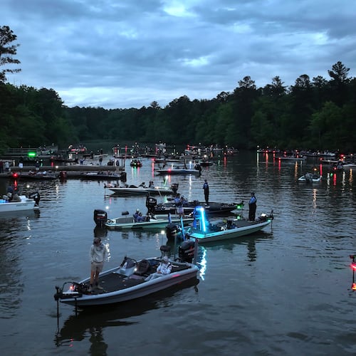 Contestants wait on the Lake Sinclair for the start of the GHSA State Bass Fishing Championship at Dennis Station Boat Ramp on Saturday, May 9, 2026, in Eatonton. The 2026 GHSA Bass Fishing State Championship at Lake Sinclair features a field of 113 boats. (Hyosub Shin/AJC)