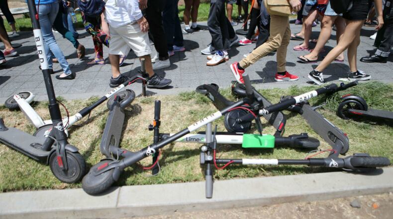 FILE PHOTO: Cities across Florida have instructed electric scooter vendors to gather the ride-share vehicles from along streets and sidewalks so they don’t become dangerous projectiles as Hurricane Dorian approaches.