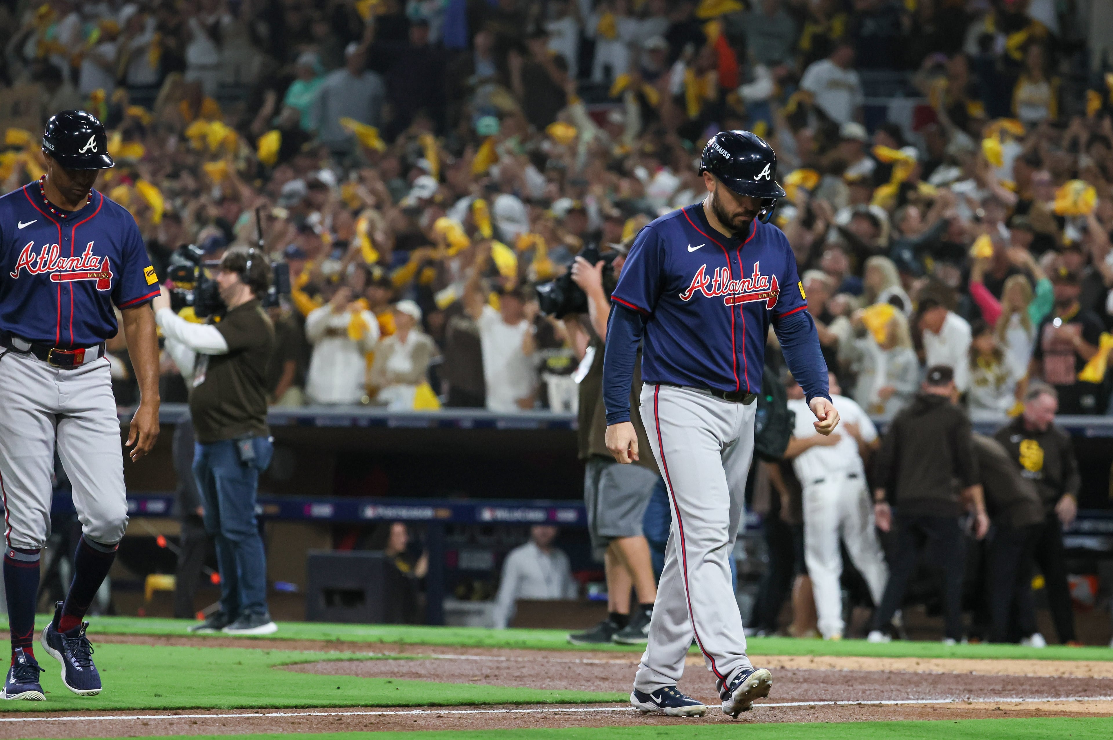 Atlanta Braves’ Travis d'Arnaud pops out to San Diego Padres catcher Kyle Higashioka to end National League Division Series Wild Card Game Two at Petco Park in San Diego on Wednesday, Oct. 2, 2024. Atlanta lost 5-4 allowing the Padres to advance to the Division Series and face the Los Angeles Dodgers. (Jason Getz / Jason.Getz@ajc.com)
