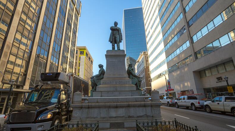The Henry W. Grady statue on Marietta Street in downtown Atlanta. (Jenni Girtman for the AJC)