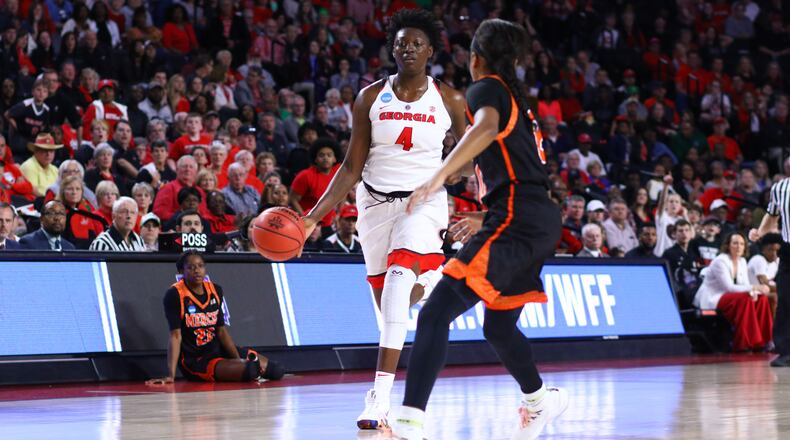 Georgia forward Caliya Robinson (4) during the Lady Bulldogs' NCAA tournament game against Mercer at Stegeman Coliseum in Athens, Ga. on Saturday, March 17, 2018. (Photo by Steffenie Burns)