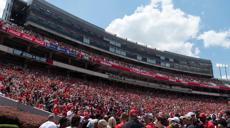 Fans pack Sanford Stadium during the G-Day game Saturday, April 22, 2017, in Athens.