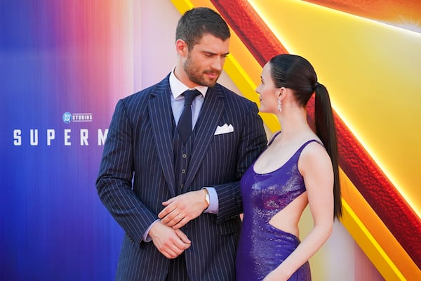 David Corenswet, left, and Rachel Brosnahan arrive at the premiere of "Superman" on Monday, July 7, 2025, at TCL Chinese Theatre in Los Angeles. (Photo by Jordan Strauss/Invision/AP)