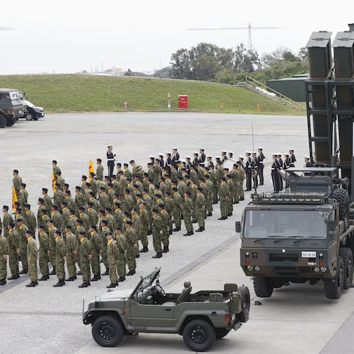 Type-12 surface-to-ship missile launchers are seen at the inauguration ceremony of a missile regiment of the Japan Ground Self-Defense Force in Uruma, Okinawa, southern Japan, on March 30, 2024. (Kyodo News via AP)