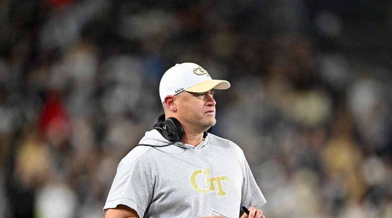 Georgia Tech head coach Brent Key watches during the first half of an NCAA college football game at Georgia Tech's Bobby Dodd Stadium, Thursday, November 21, 2024, in Atlanta. (Hyosub Shin / AJC)
