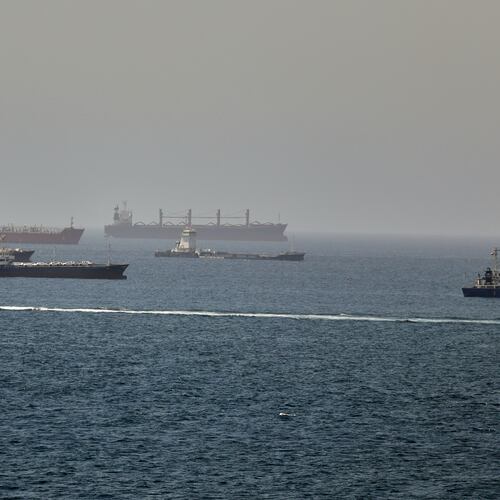 Tankers and cargo vessels are seen in the Gulf of Oman, along shipping routes linking the Strait of Hormuz and the Arabian Sea, Tuesday, June 16, 2026. (AP Photo)
