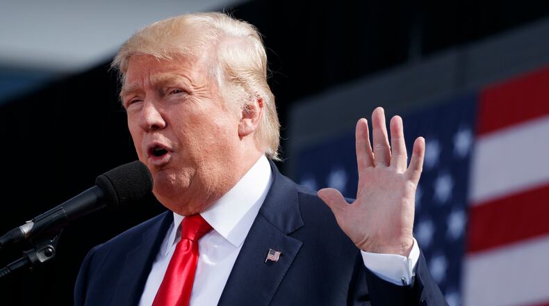 Republican presidential candidate Donald Trump speaks during a campaign rally, Saturday, Oct. 15, 2016, in Portsmouth, N.H. (AP Photo/ Evan Vucci)