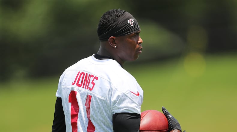 June 13, 2017, Flowery Branch: Atlanta Falcons wide receiver Julio Jones gets in some work during the first day of mini-camp on Tuesday, June 13, 2017, in Flowery Branch. Curtis Compton/ccompton@ajc.com