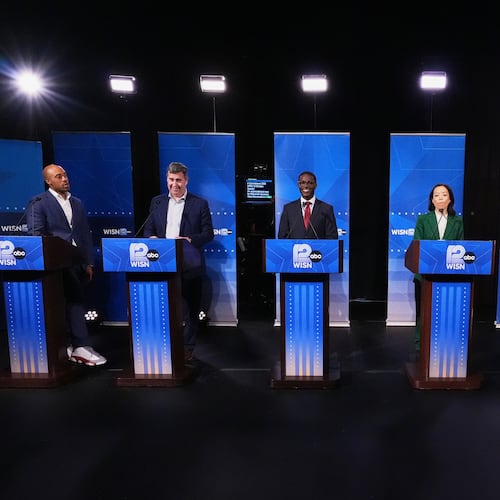From left, Democratic gubernatorial candidates Mandela Barnes, Joel Brennan, David Crowley, Francesca Hong and Kelda Roys attend a primary debate in Milwaukee, Tuesday, July 28, 2026. (AP Photo/Nam Y. Huh)
